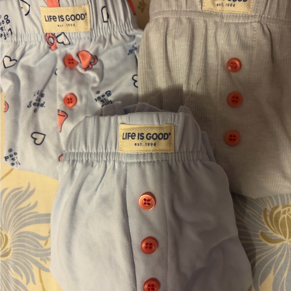 Life Is Good Light Blue Pajama Shorts Set with Coral Buttons Trio